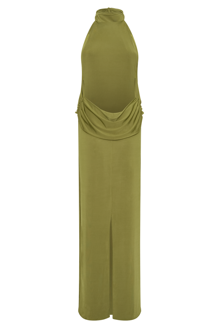 Joan Halter Neck Slinky Maxi Dress - Martini Olive