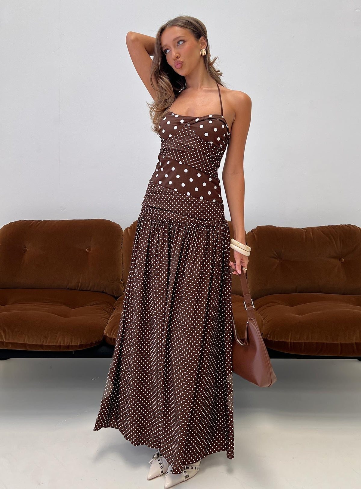Marguerite Halter Maxi Dress Brown Polka Dot
