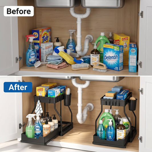 2 Pack 2-Tier Sliding Cabinet Organizer with Hanging Cups, for Kitchen & Bathroom