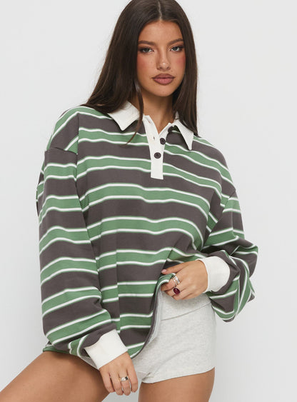 Tycen Polo Rugby Jumper Green / Grey Stripe