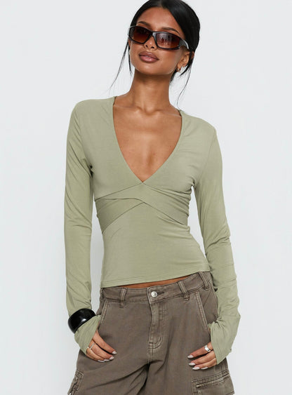 Madelon Long Sleeve Wrap Top Sage