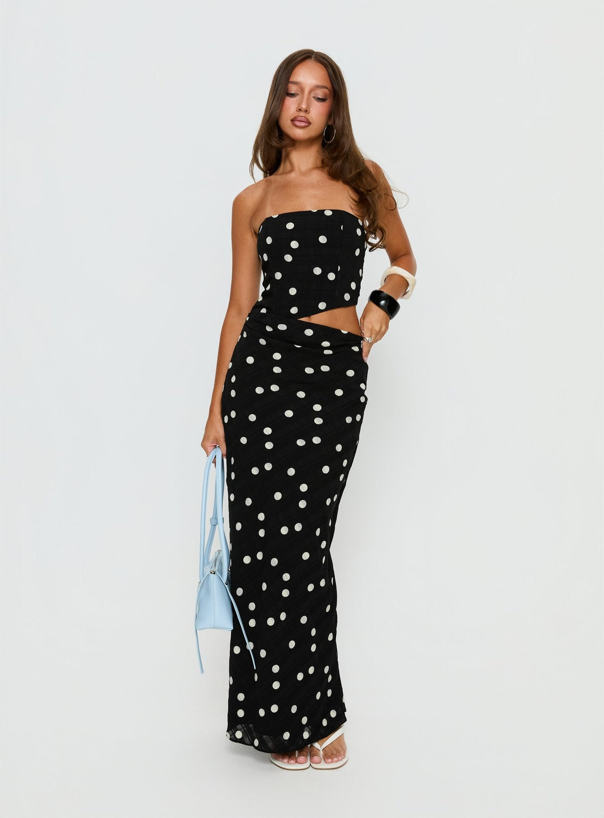 Jasira Strapless Drape Maxi Dress Black Polka Dot