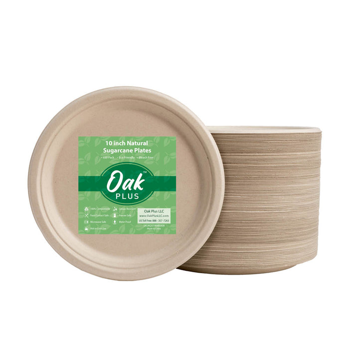 10 inch Natural Compostable & Disposable Sugarcane Plates, 300 Pack
