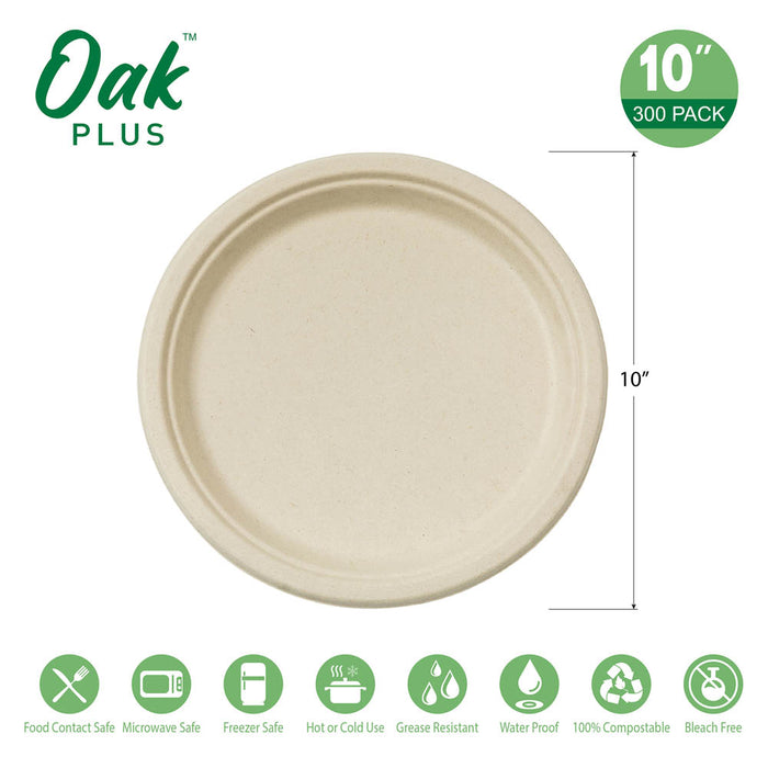 10 inch Natural Compostable & Disposable Sugarcane Plates, 300 Pack