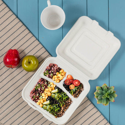 10 inch White Compostable & Disposable Sugarcane Sectional Clamshell Containers, 300 Pack