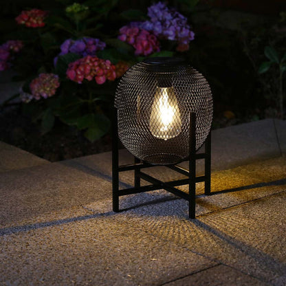 11.5"H Black Metal Mesh Solar Powered Outdoor Lantern with Stand