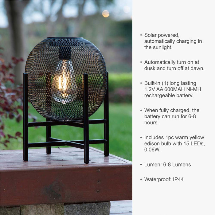11.5"H Black Metal Mesh Solar Powered Outdoor Lantern with Stand