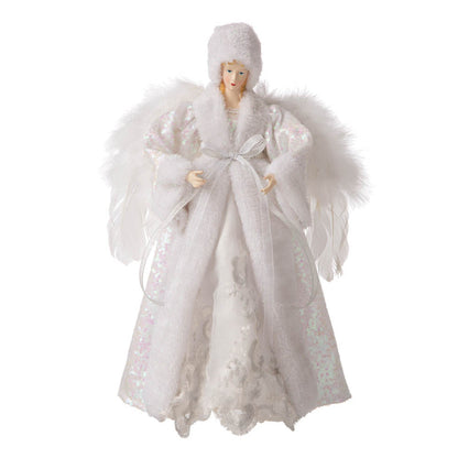 16"H Christmas Angel Tree Topper With White Faux Fur Dress