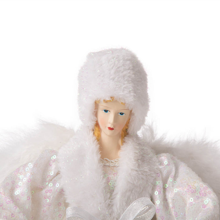16"H Christmas Angel Tree Topper With White Faux Fur Dress