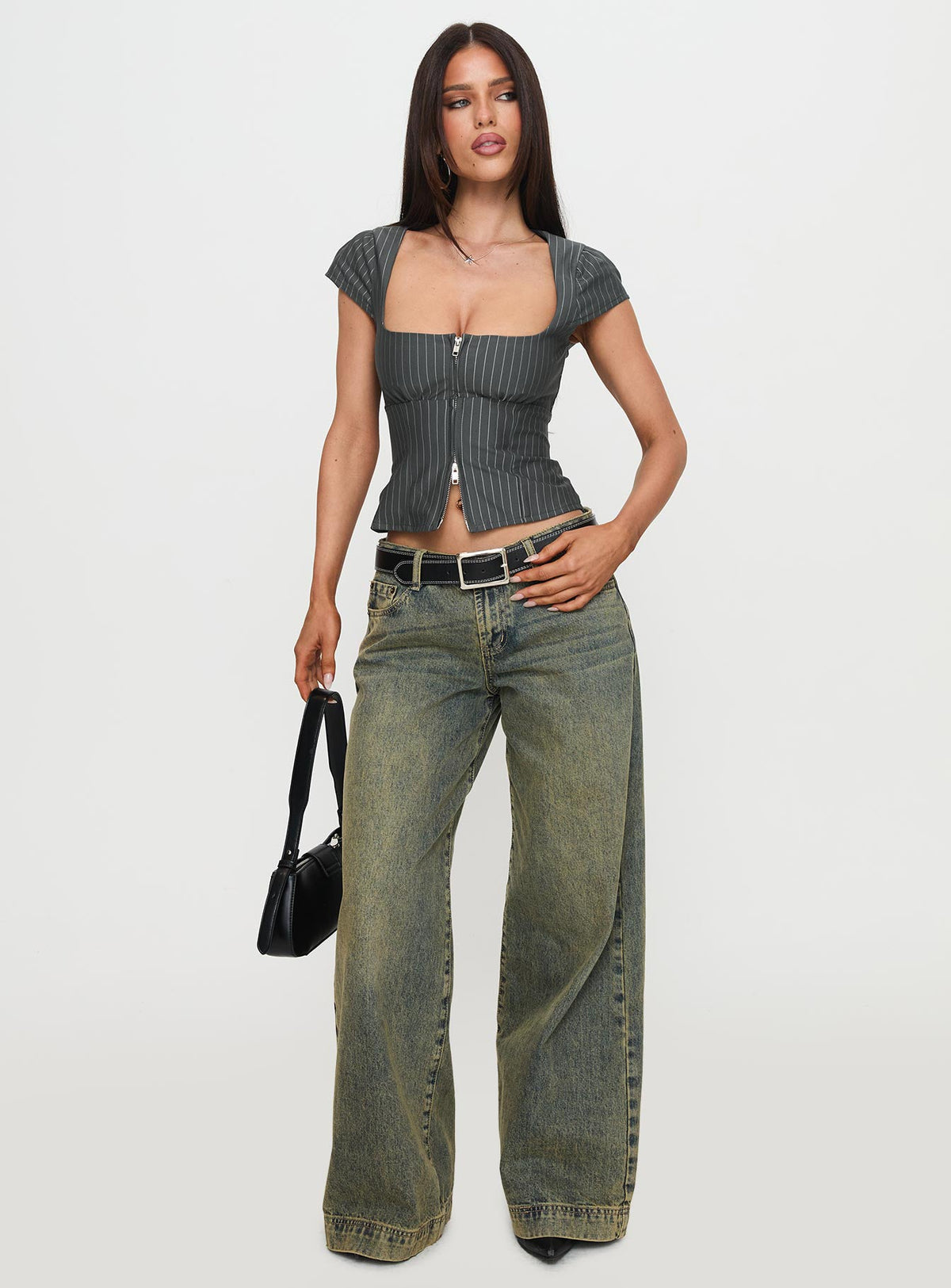 Santa Cruz Zip Through Top Grey Pinstripe