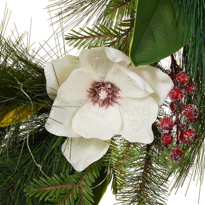 24"D Iced Magnolia Berry Pine Wreath With Lights