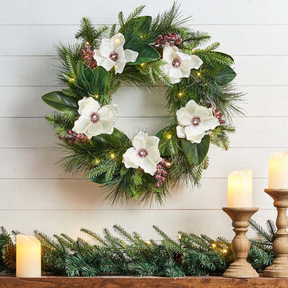 24"D Iced Magnolia Berry Pine Wreath With Lights