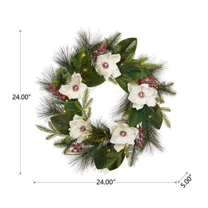 24"D Iced Magnolia Berry Pine Wreath With Lights