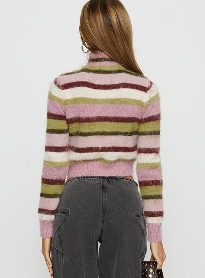 Keeva Zip Through Knit Jumper Pink / Green Stripe