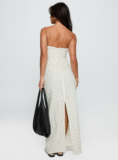Dovie Linen Blend Strapless Midi Dress Cream Polka