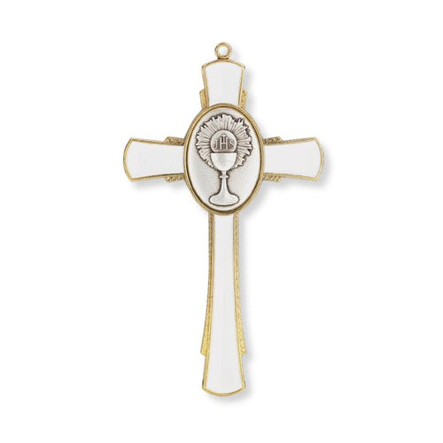 5" Gold Communion Cross with White Epoxy and Chalice Center