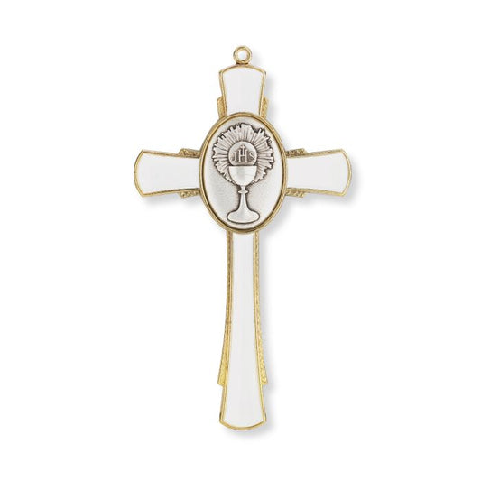 5" Gold Communion Cross with White Epoxy and Chalice Center