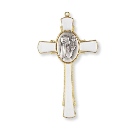 5" Gold Communion Cross with White Epoxy and girl  Center