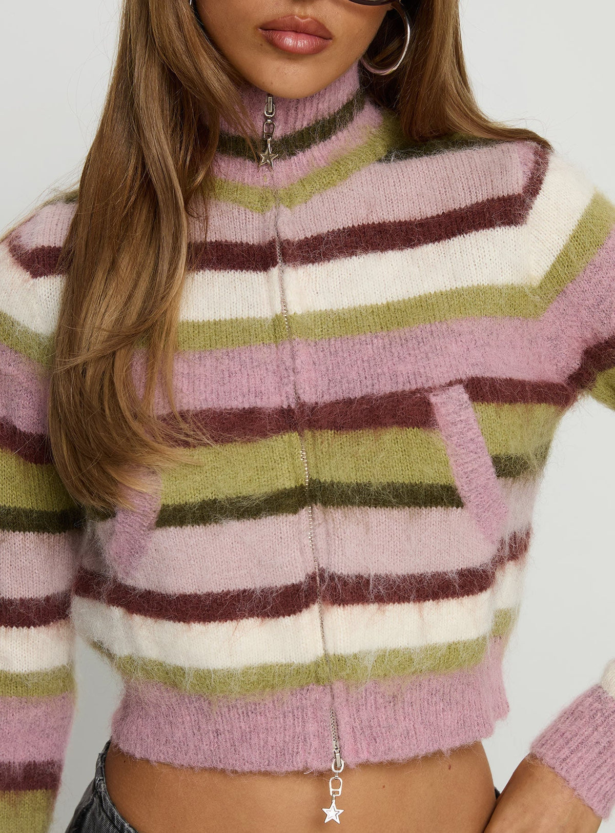 Keeva Zip Through Knit Jumper Pink / Green Stripe