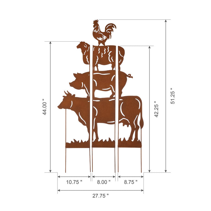 51.25"H Farmhouse Metal Rustic Animals Silhouette Yard Stake, Set of 3