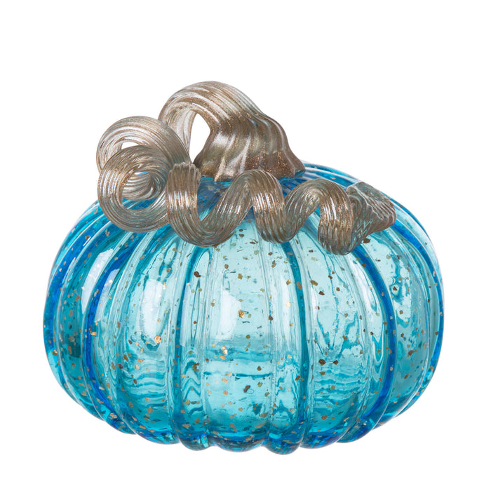 5.51"D Hand Blown Blue Glitter Glass Pumpkin Decor
