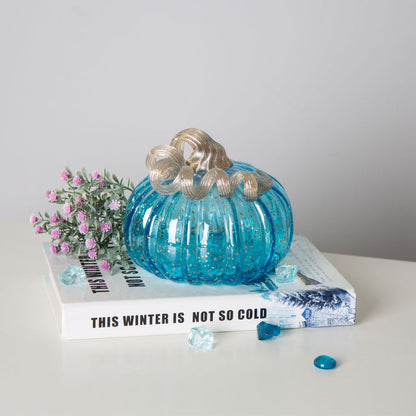 5.51"D Hand Blown Blue Glitter Glass Pumpkin Decor