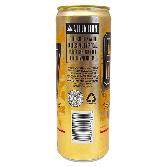 Back of 6 7 Water. Purified Water through reverse osmosis. Tall, Sleek can.
