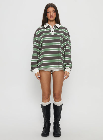 Tycen Polo Rugby Jumper Green / Grey Stripe