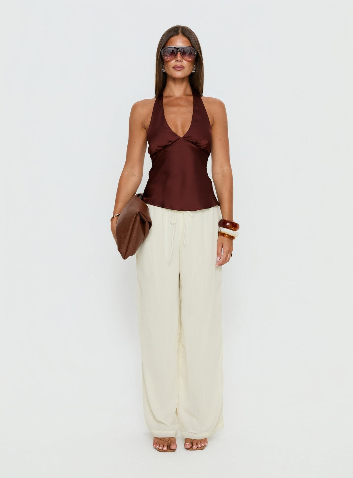 Remarkable Satin Plunge Neck Top Chocolate