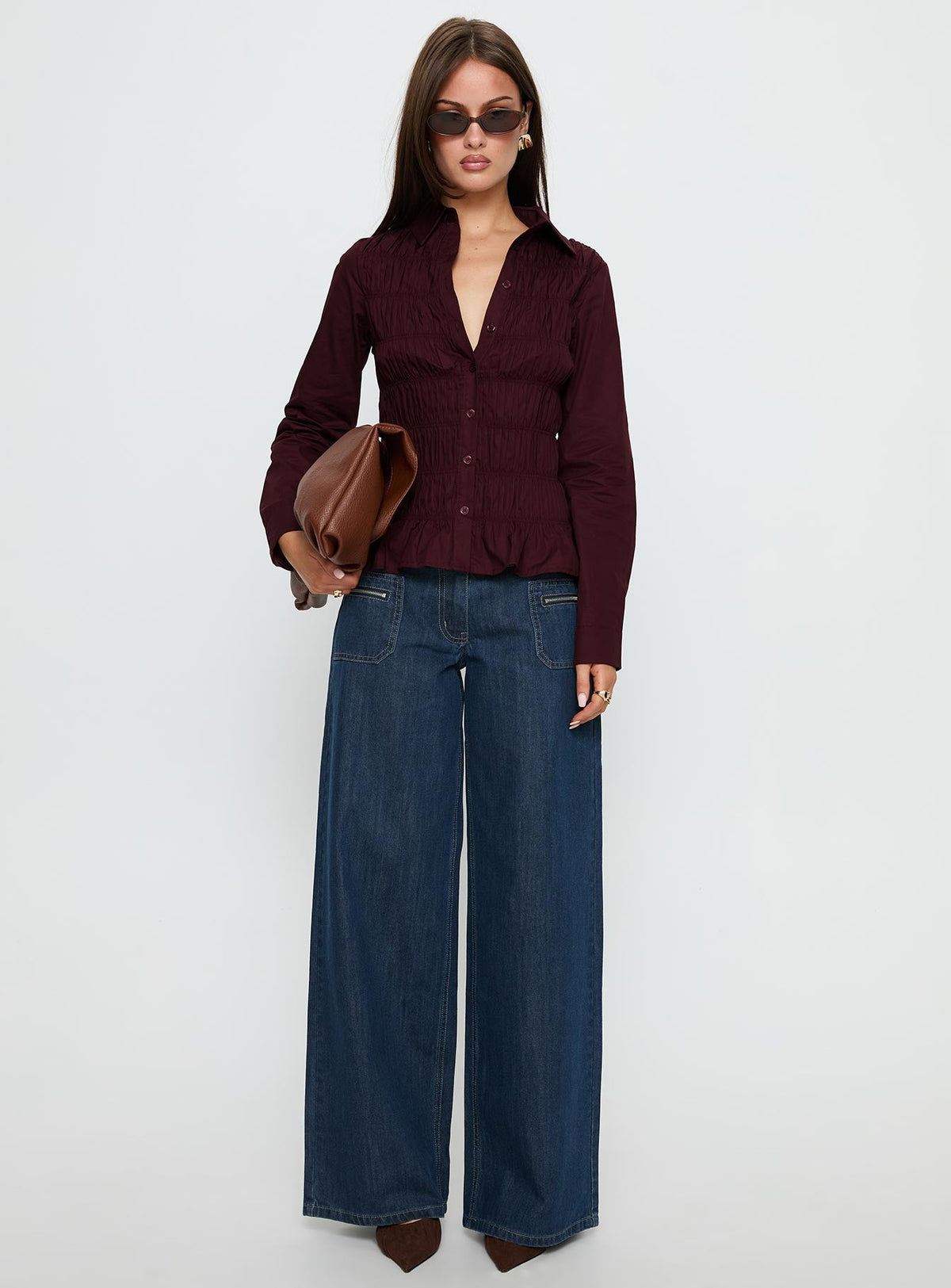 Cultivate Shirred Long Sleeve Top Plum