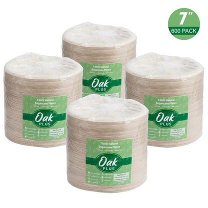 7 inch Natural Compostable & Disposable Sugarcane Plates, 600 Pack