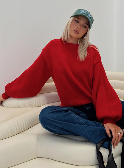 Harmony Balloon Sleeve Knit Sweater Red