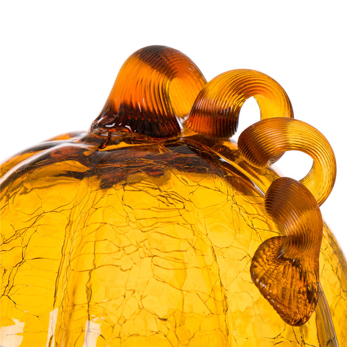 7.87"L Hand Blown Amber Crackle Glass Pumpkin Decor