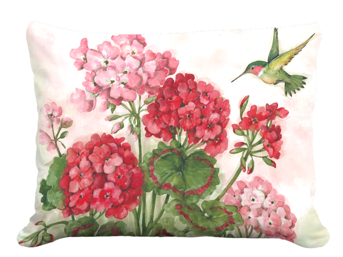 Accent Pillow Spring Geraniums w/ Hummingbird