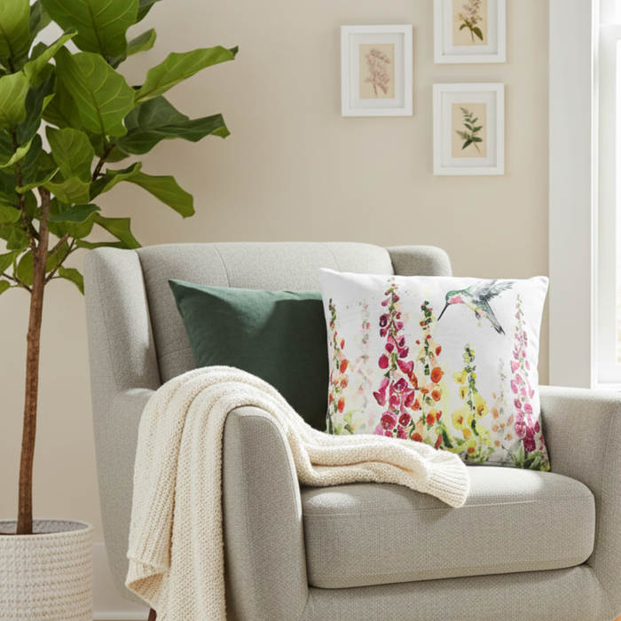 Accent Pillow Spring Hummingbird w/ Foxglove