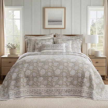 Bedroom with floral-patterned bedding, nightstands, and a lamp.