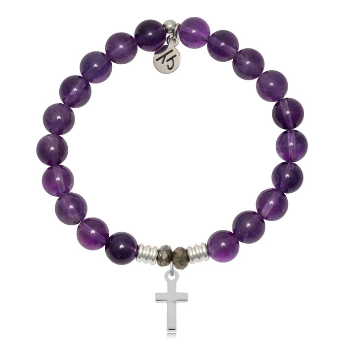 Amethyst Gemstone Bracelet with Cross Sterling Silver Charm