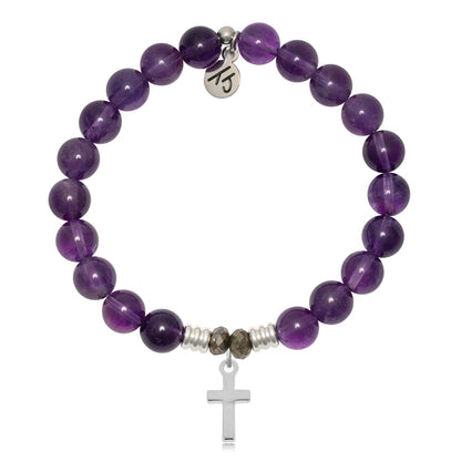 Amethyst Gemstone Bracelet with Cross Sterling Silver Charm
