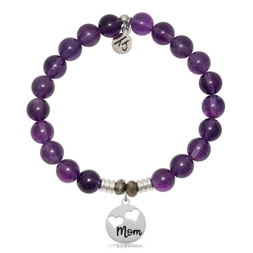 Amethyst Gemstone Bracelet with Mom Hearts Sterling Silver Charm