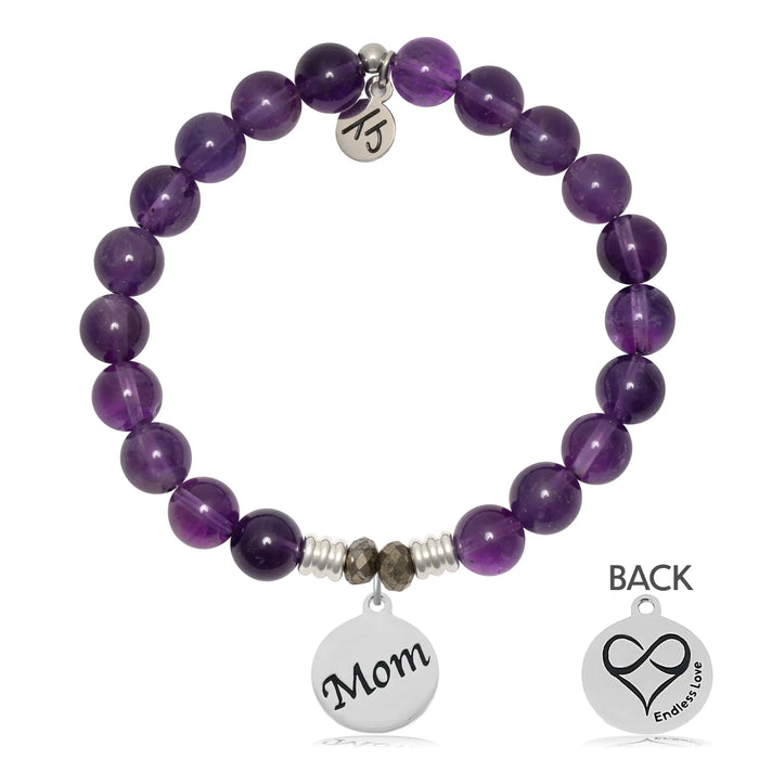 Amethyst Gemstone Bracelet with Mom Sterling Silver Charm