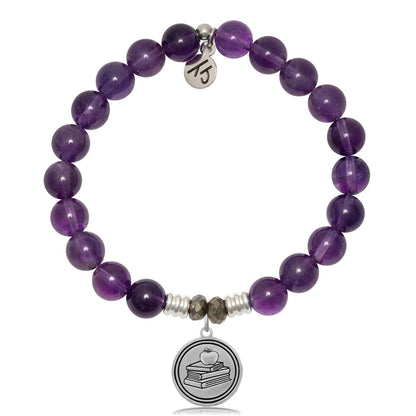 Amethyst Gemstone Bracelet with Teacher Sterling Silver Charm