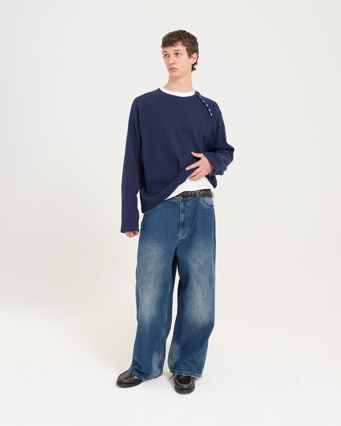 Asym Waffle Long Sleeve - Navy