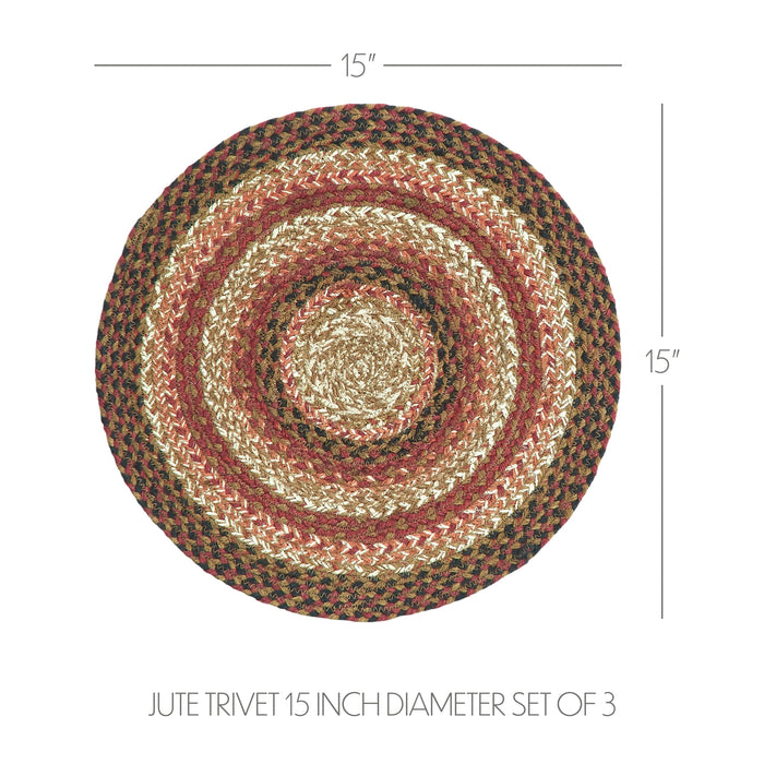 Autumn Blaze Braided Trivet 15" Set of 3 Round jute trivet with concentric circles and dimensions on a white background