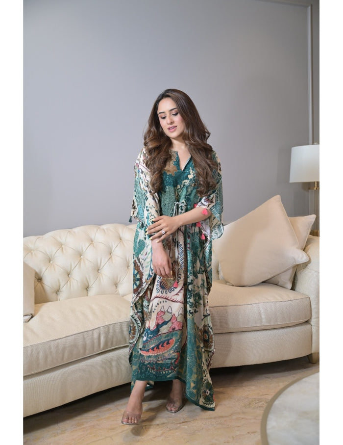 Bahar Green Long Kaftan