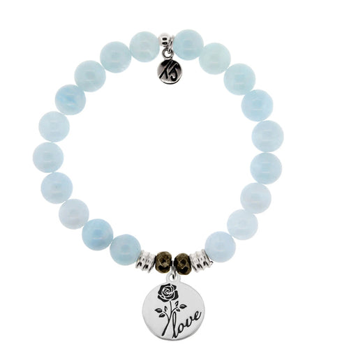 Blue Aquamarine Gemstone Bracelet with Rose Sterling Silver Charm T. Jazelle