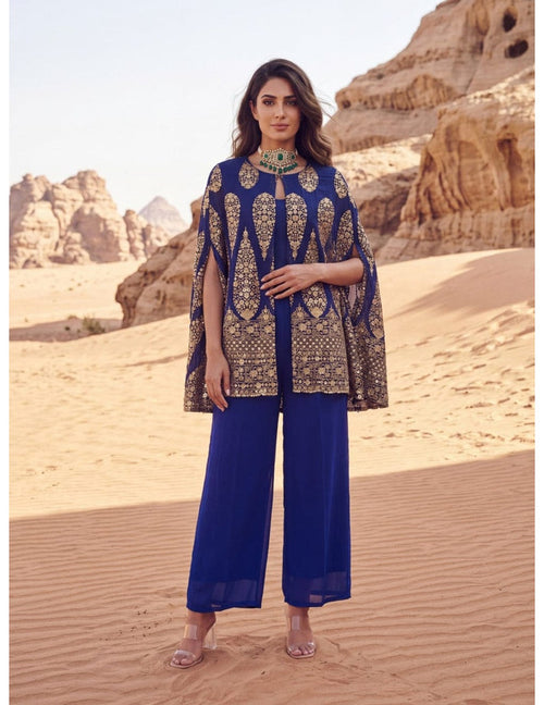 Blue Embroidered Cape Set