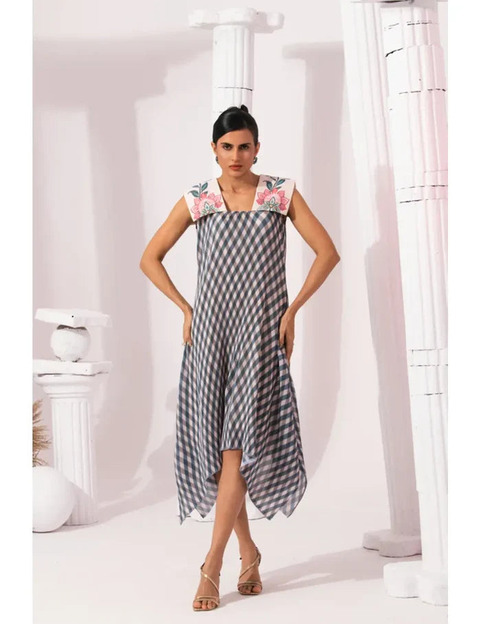 Classic Blue Checks Dress with Wide Square Collar