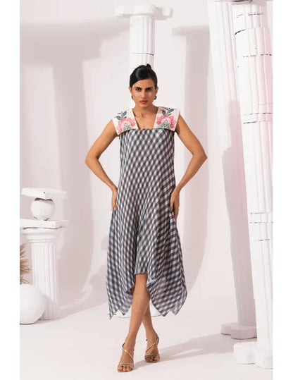 Classic Blue Checks Dress with Wide Square Collar