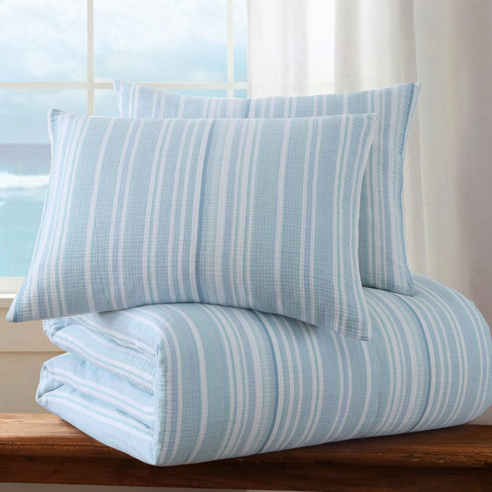 Boracay Stripe Muslin Duvet Cover Set featuring soothing aqua and white striped pattern with pillow shams.