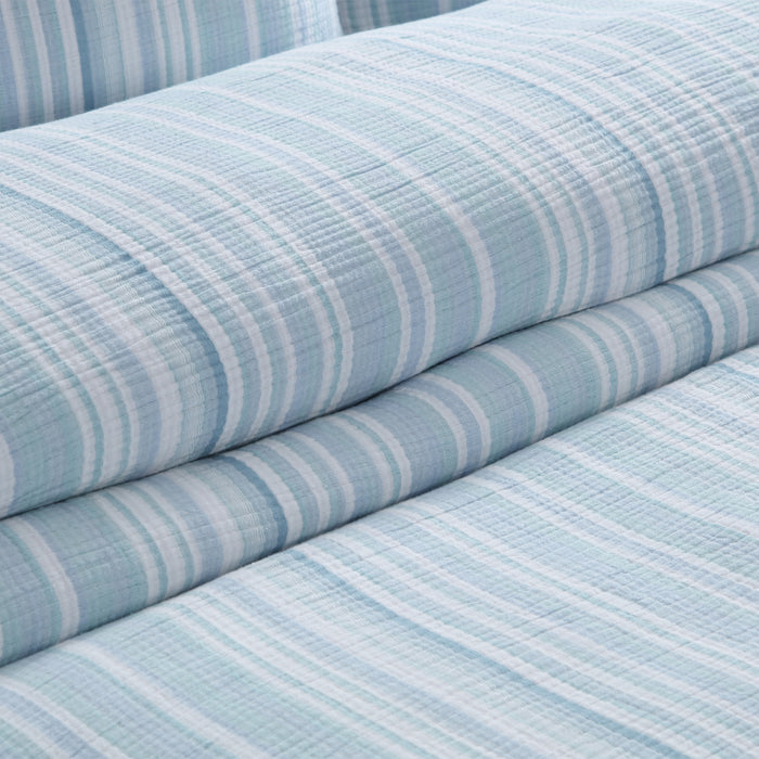 Boracay Stripe Muslin Duvet Cover Set featuring softly textured cotton in aqua and white striped pattern